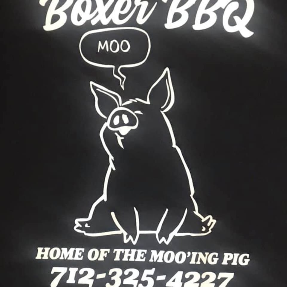 Boxer BBQ logo with a pig saying "MOO" and the text "Home of the Moo'ing Pig".