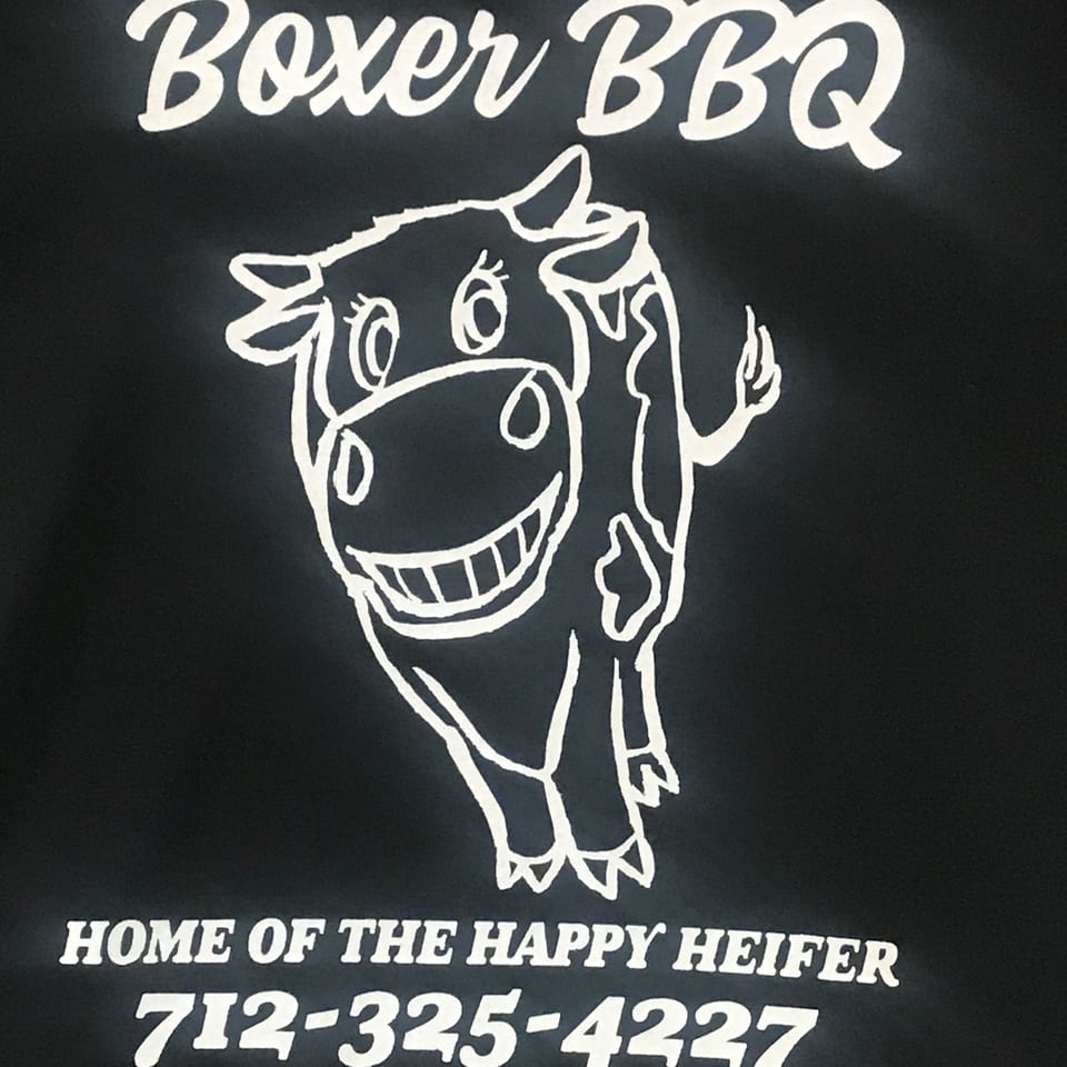 Boxer BBQ logo with a smiling cartoon cow and the text "Home of the Happy Heifer".
