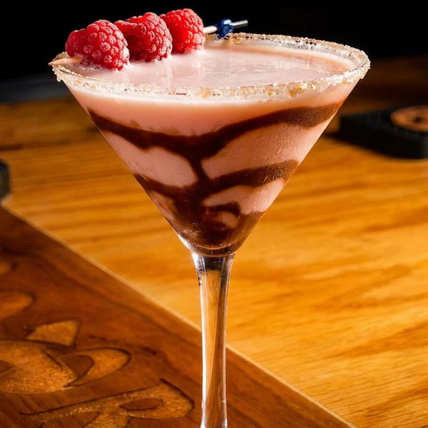 A raspberry martini with chocolate drizzle and a sugar rim sits on a glossy wooden bar.