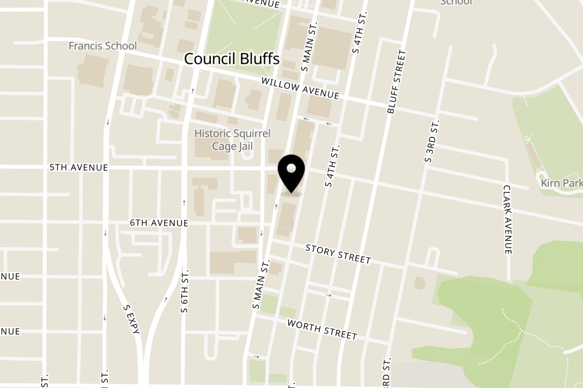 Map showing the location of Boxer BBQ on 513 S Main St in Council Bluffs